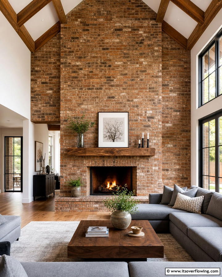 Floor to Ceiling Brick Fireplace Statement - 25 Rustic Living Room Ideas with a Brick Fireplace