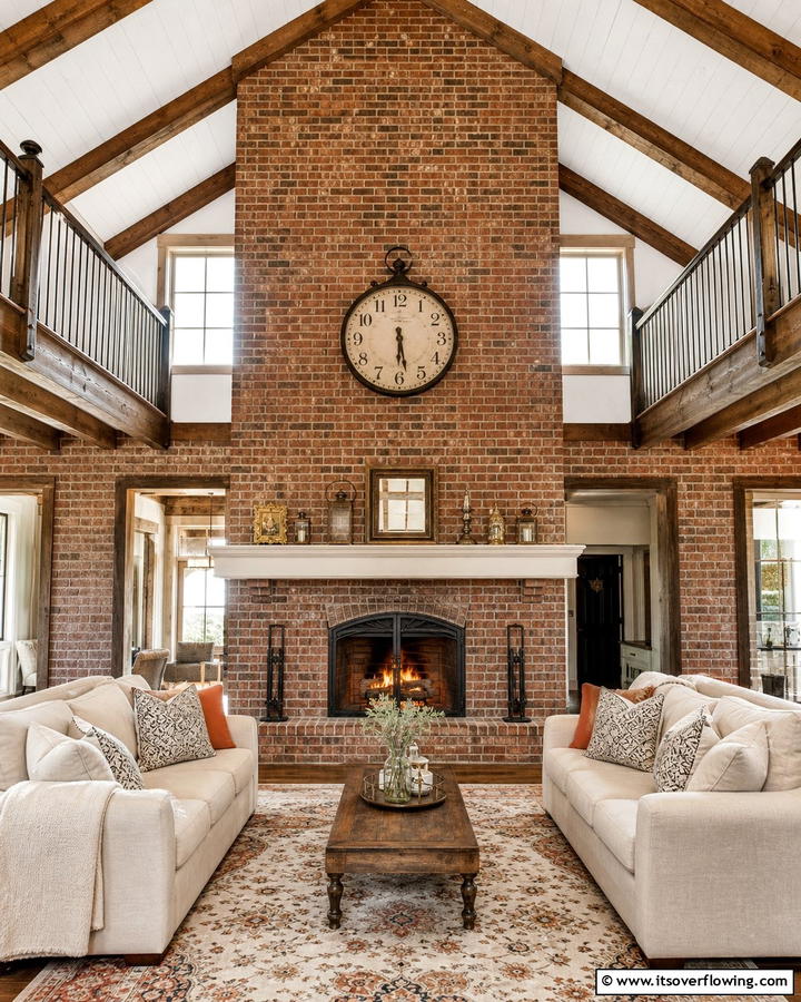 Floor to Ceiling Brick Fireplace - 25 Cozy Cabin Fireplace Ideas for a Warm Retreat