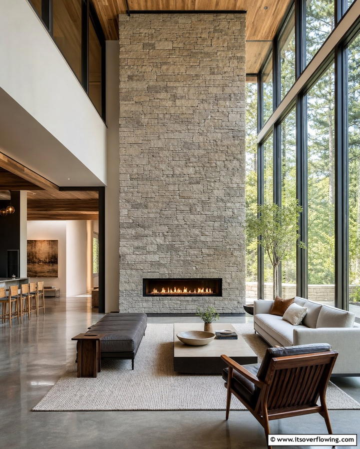 Floor to Ceiling Faux Stone Fireplace - 25 Faux Stone Fireplace Ideas for a Cozy and Elegant Look