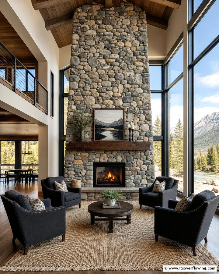 Floor to Ceiling River Rock Elegance - 25 River Rock Fireplace Ideas for a Natural Look