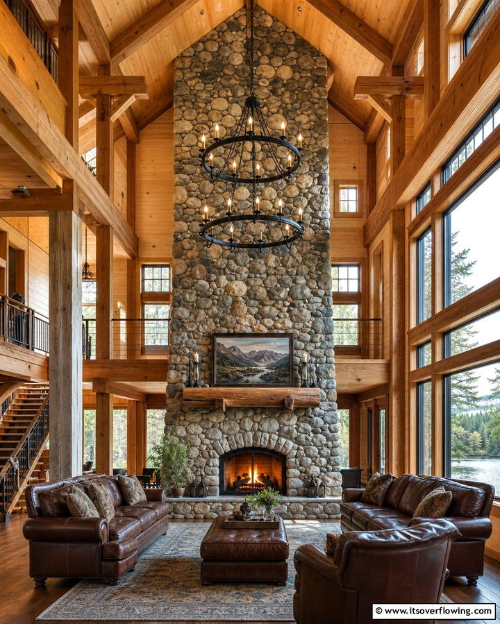 Floor to Ceiling River Rock Fireplace - 25 River Rock Fireplace Ideas for a Natural Look