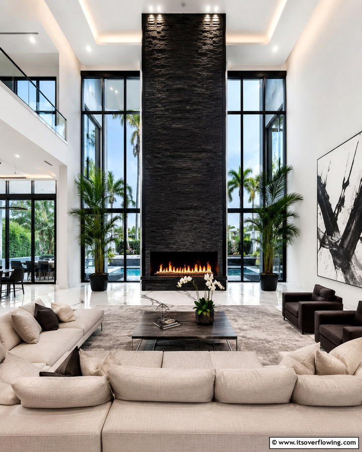 Floor to Ceiling Statement Fireplace - 25 Elegant Black Stone Fireplace Ideas