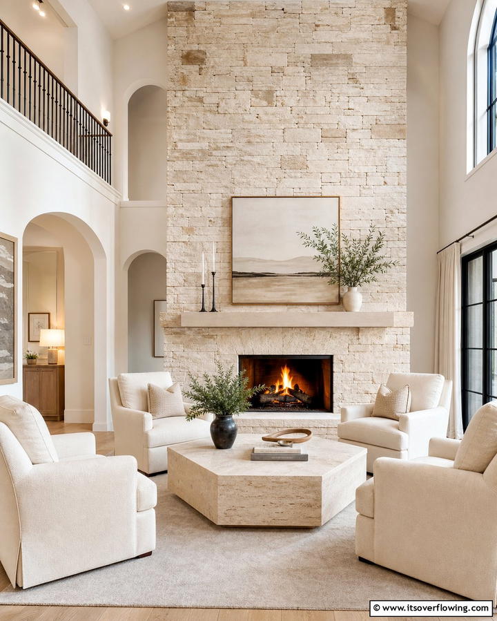 Floor to Ceiling Statement - 25 Stacked Stone Fireplace Ideas for a Rustic Look