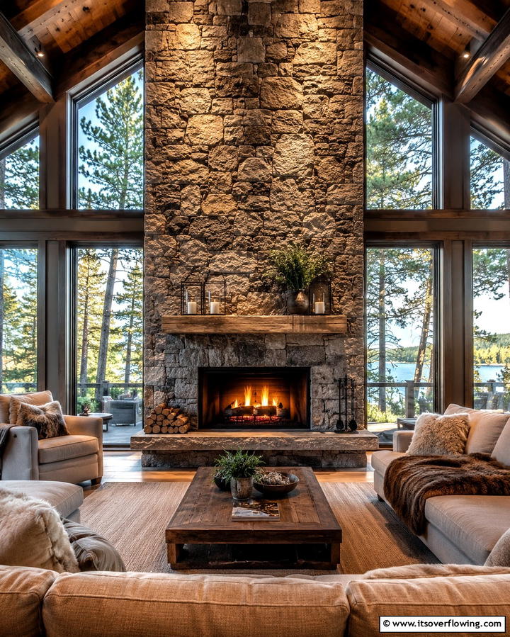 Floor to Ceiling Stone Fireplace Between Windows - 25 Fireplace Between Windows Ideas for Cozy Homes