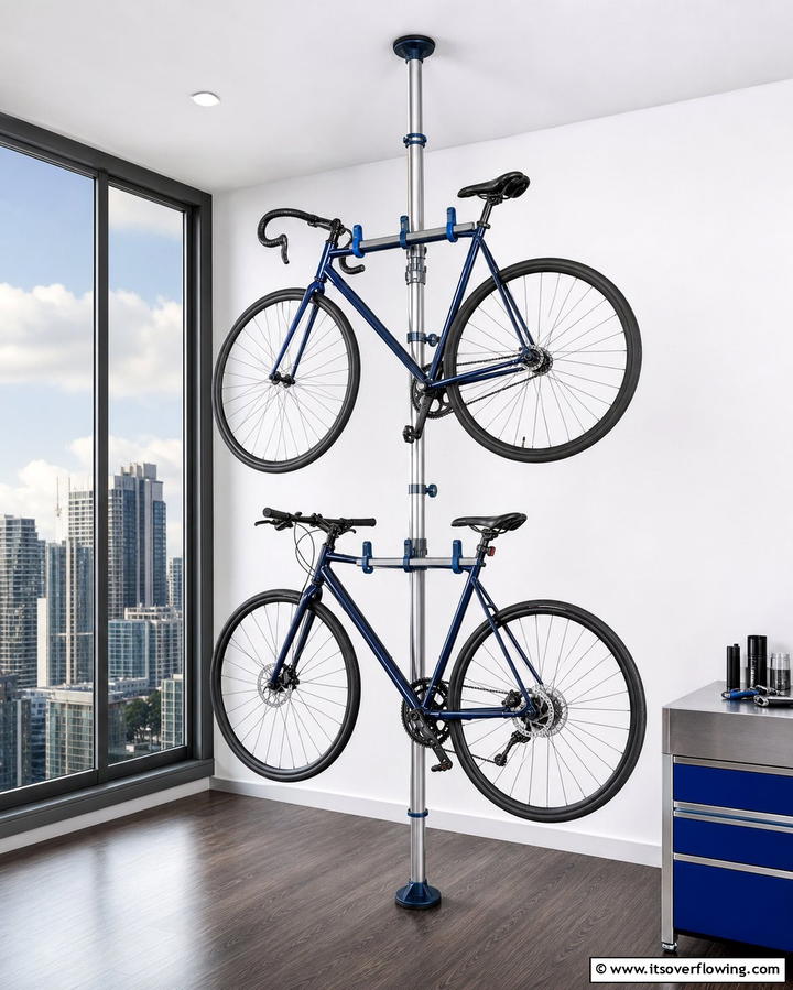 Floor to Ceiling Tension Poles for Adjustable Storage - 25 Garage Bike Storage Ideas for a Clutter-Free Space