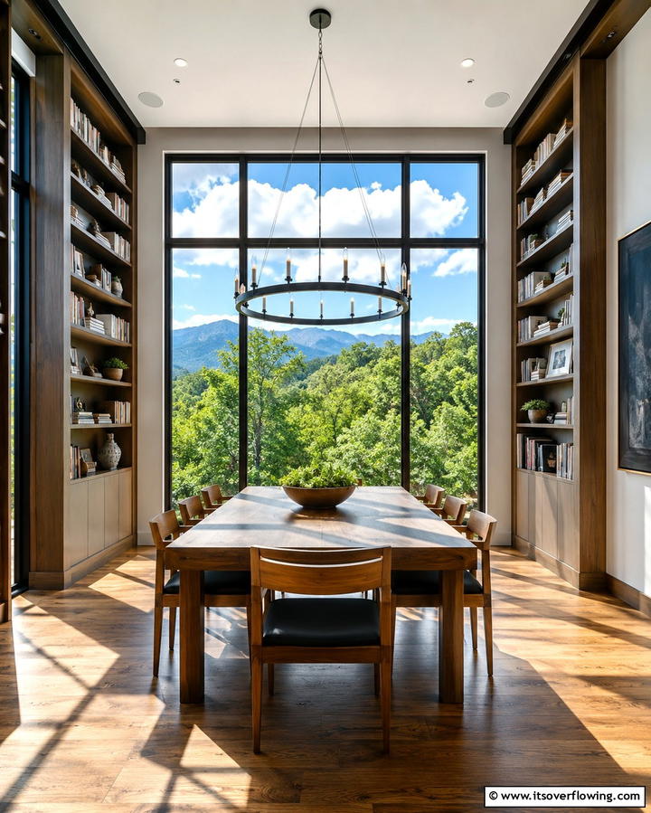 Floor to Ceiling Windows with Bookshelves - 25 Library Dining Room Combo Ideas for Book Lovers