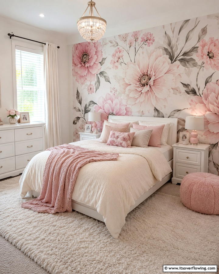 Floral Accent Wall - 25 Girl Room Ideas for 10-year-olds- Creative & Fun Designs