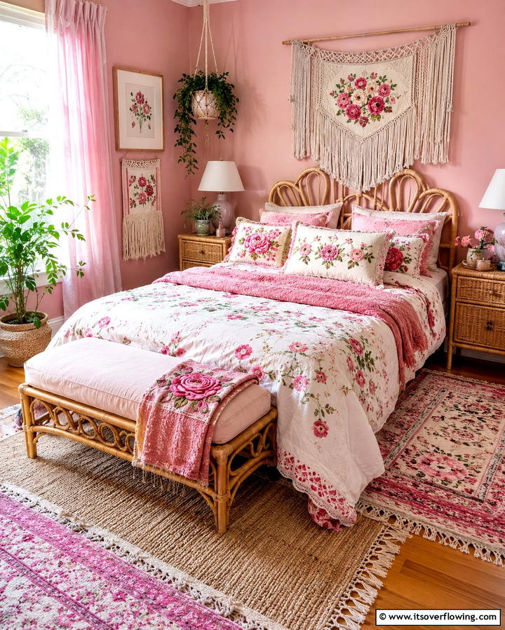 Floral Accents and Whimsical Textiles - 30 Pink Boho Bedroom Ideas for a Chic and Cozy Retreat