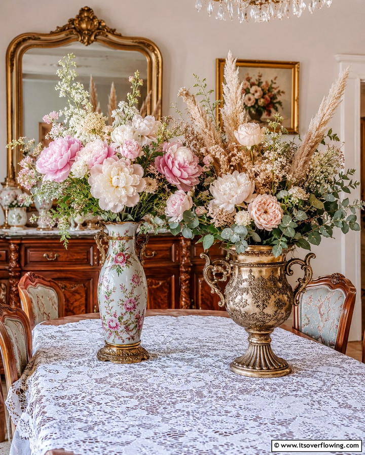 Floral Arrangements in Antique Vases - 20 Vintage Dining Room Ideas for Timeless Elegance