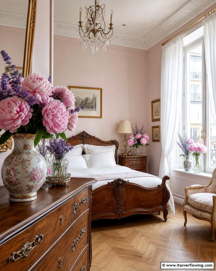 Floral Arrangements in Vintage Vases - 20 Parisian Themed Bedroom Ideas for Elegant Living