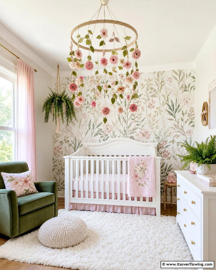Floral Ceiling Mobile - 20 Pink and Green Nursery Ideas for a Sweet Retreat