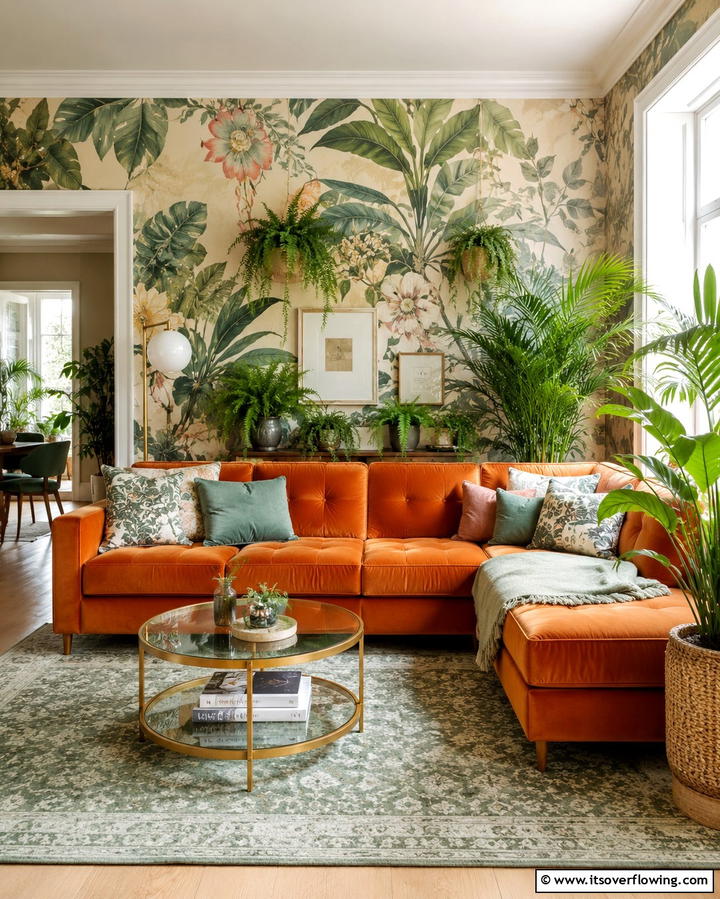 Floral Elegance with Botanical Themes - 25 Orange Couch Living Room Ideas for a Vibrant Space