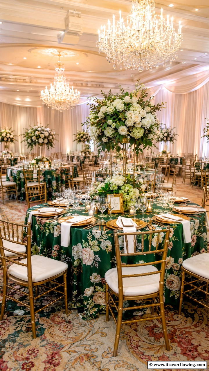 Floral Emerald Table Linens - 30 Emerald Green Wedding Ideas for Luxurious Celebrations