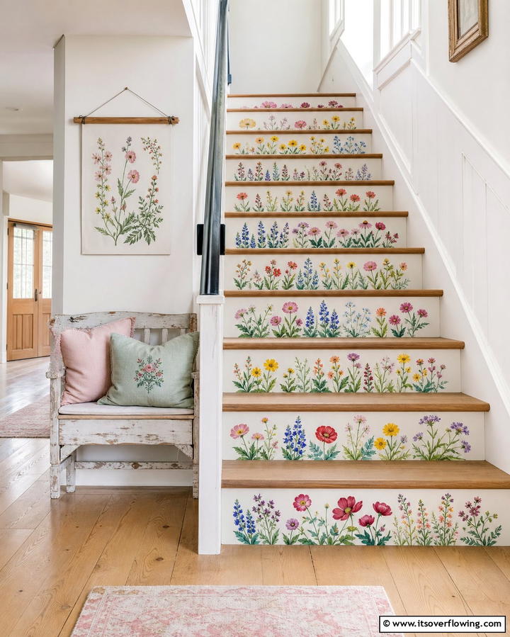 Floral Hand Painted Artwork - 25 Stair Riser Ideas to Enhance Your Home’s Interior