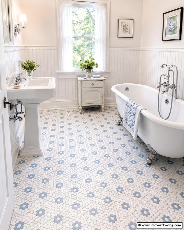Floral Motif Penny Tiles - 25 Penny Tile Bathroom Floor Ideas for a Unique Look