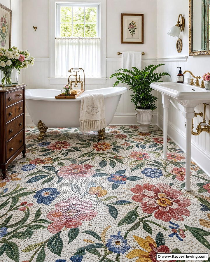Floral Motifs for a Soft Aesthetic - 25 Bathroom Mosaic Floor Tile Ideas for Unique Style