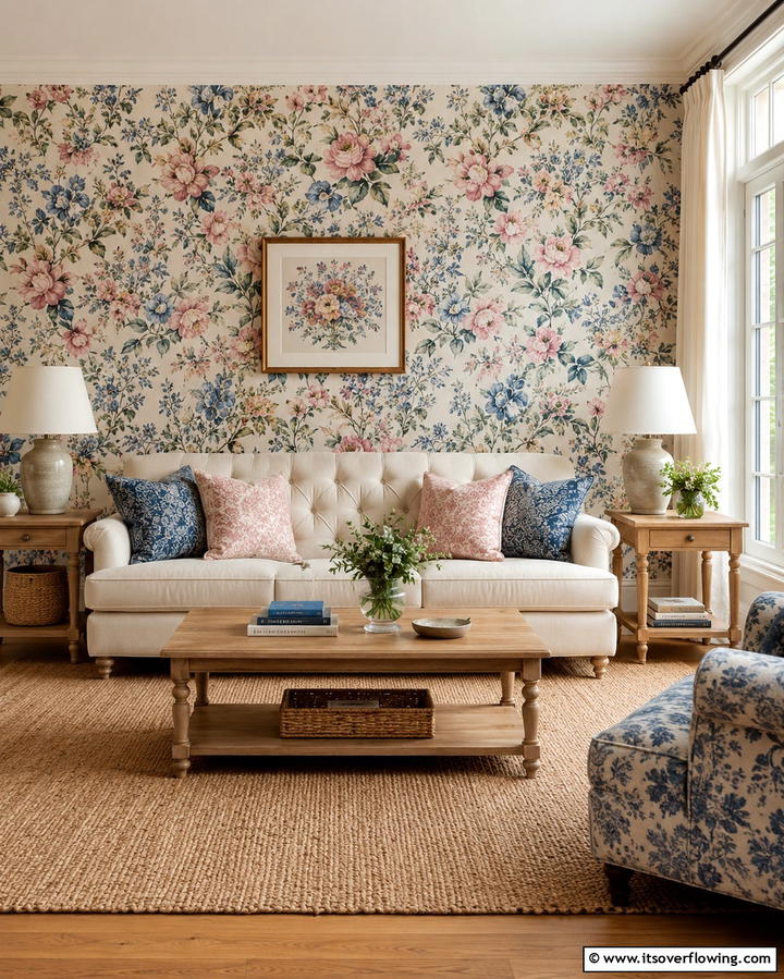 Floral Patterns and Prints - 25 Pink and Blue Living Room Ideas for a Vibrant Space