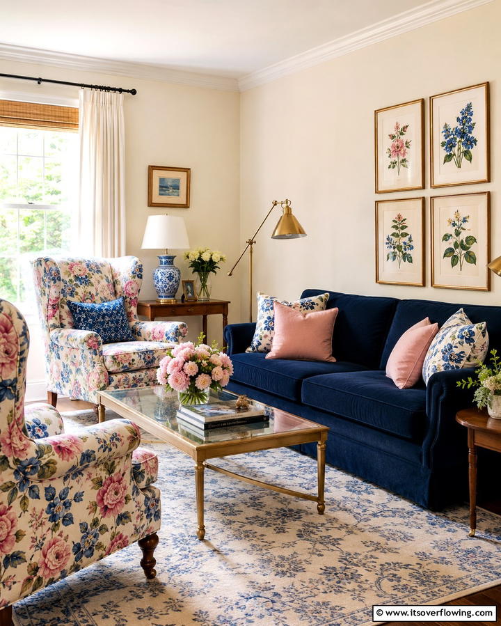 Floral Patterns for a Feminine Touch - 25 Pink and Blue Living Room Ideas for a Vibrant Space