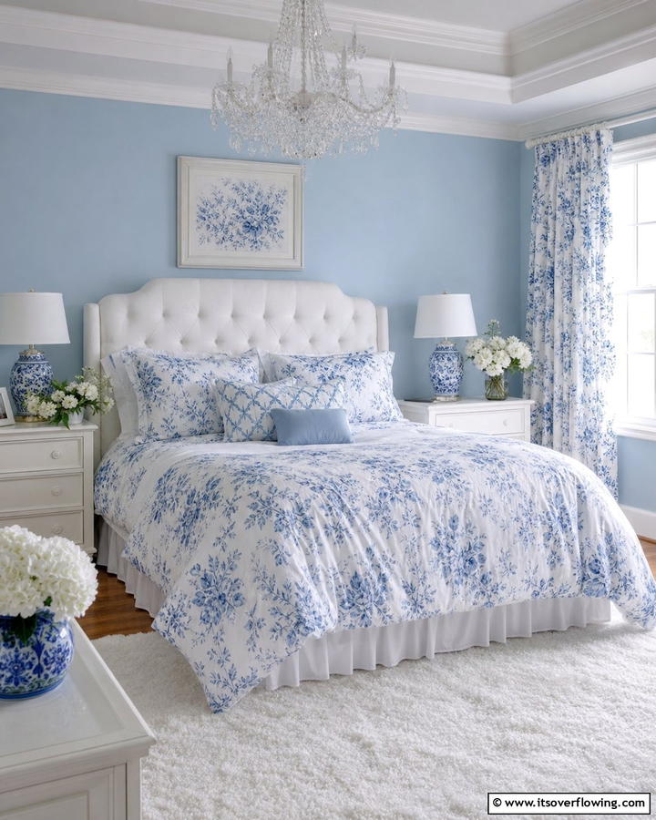 Floral Patterns for a Feminine Touch - 25 Blue and White Bedroom Ideas for a Calming Space
