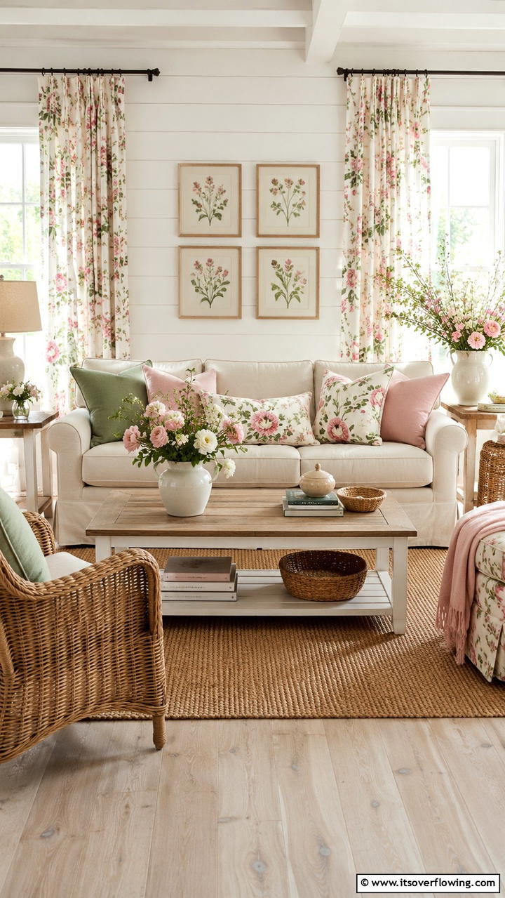 Floral Print Accents - 30 Cottage Living Room Ideas for Cozy Home Spaces