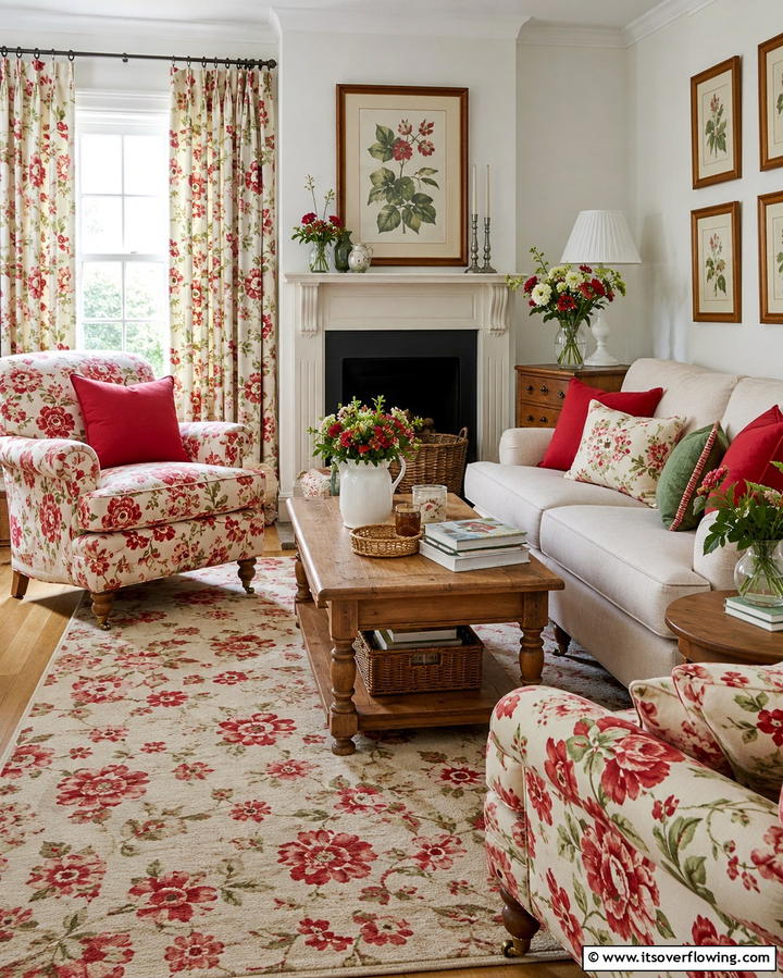 Floral Red Pattern Accents - 30 Red Living Room Ideas for Bold and Vibrant Spaces