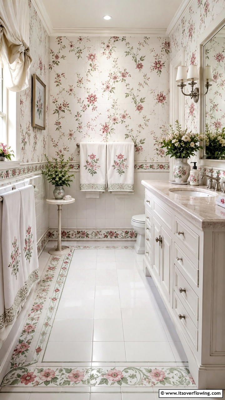 Floral Tile Patterns - 30 Cottage Bathroom Ideas for a Charming Relaxing Retreat