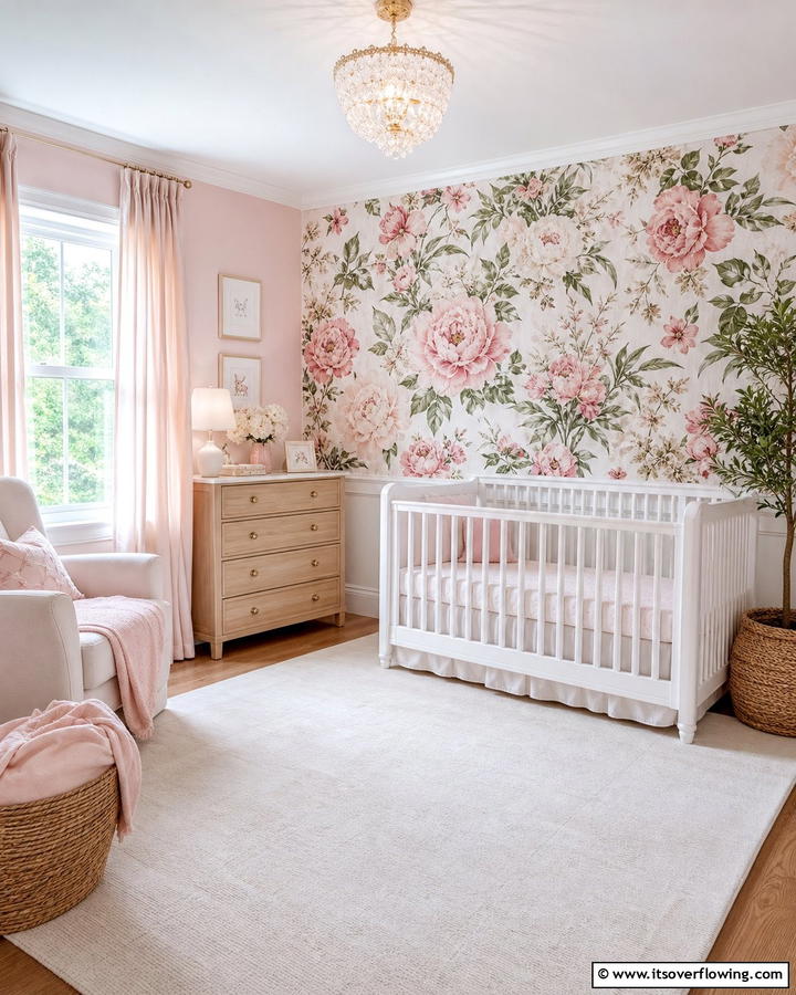 Floral Wallpaper Accents - 20 Adorable Pink Nursery Ideas for Your Baby’s Room