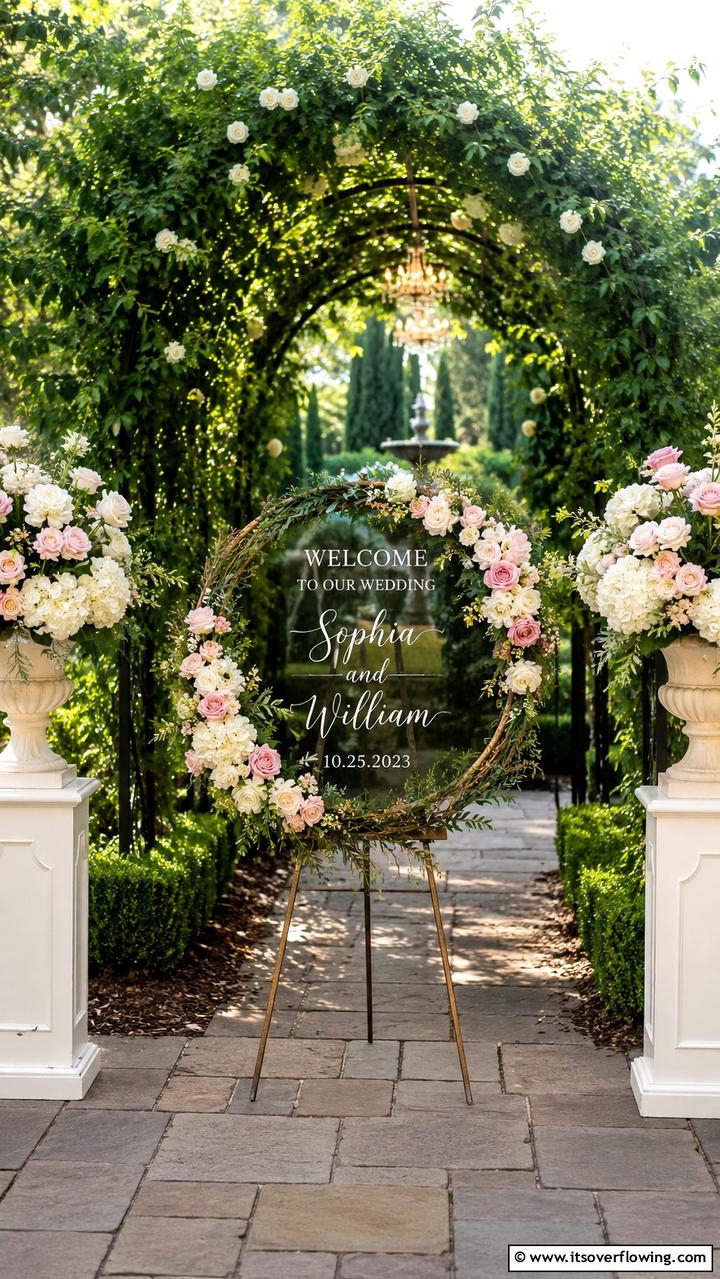 Floral Wreath Welcome Sign - 21 Wedding Welcome Sign Ideas to Greet Guests in Style