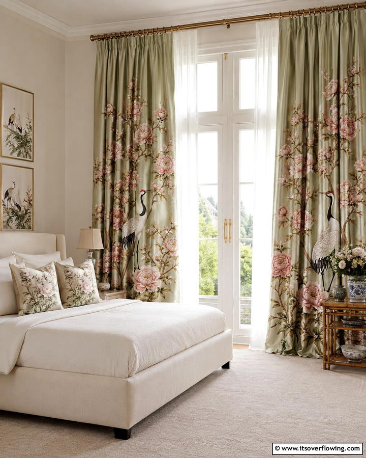 Floral and Bird Motif Curtains - 25 Chinoiserie Bedroom Ideas for an Exotic Touch