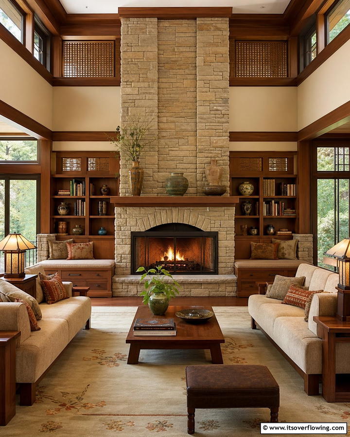 Focus on Central Fireplaces - 20 Prairie-style Interior Design Ideas for a Cozy Home