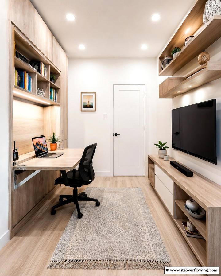 Fold Down Desks for Dual Functionality - 20 Small Media Room Ideas for Cozy Entertainment