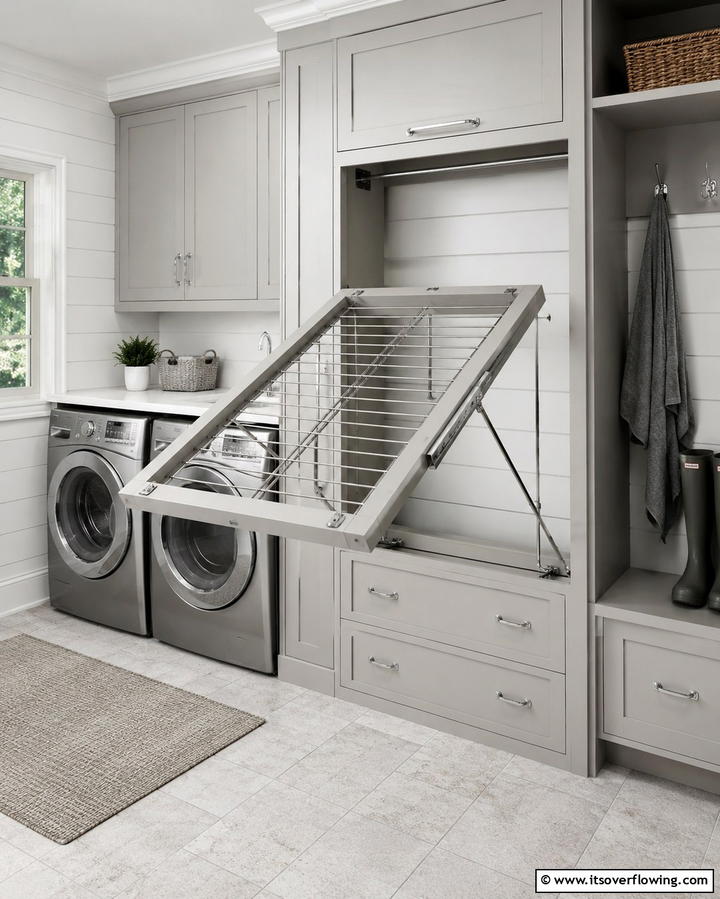 Fold Down Drying Rack for Wet Gear - 25 Small Mudroom Ideas to Organize Your Entryway