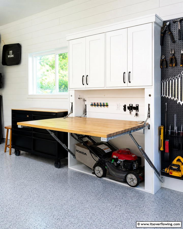 Fold Down Workbenches - 20 Smart Lawn Mower Storage Ideas for Your Garden