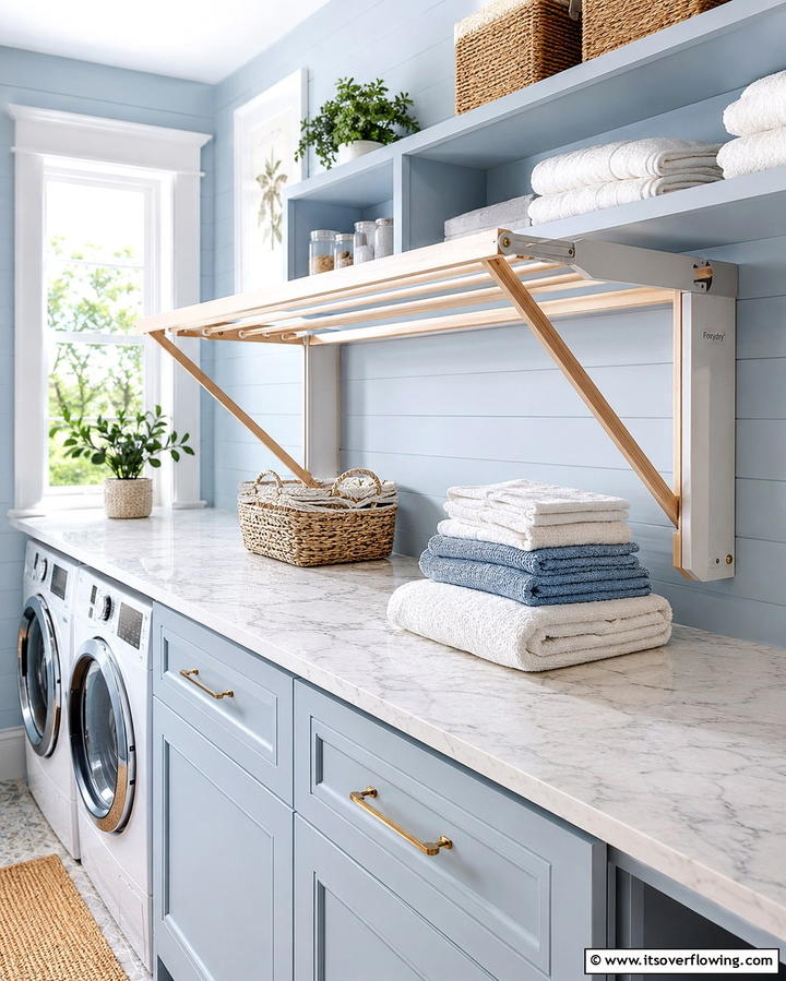 Foldable Drying Rack with Integrated Shelves - 30 Laundry Room Shelf Ideas- Maximize Storage & Efficiency