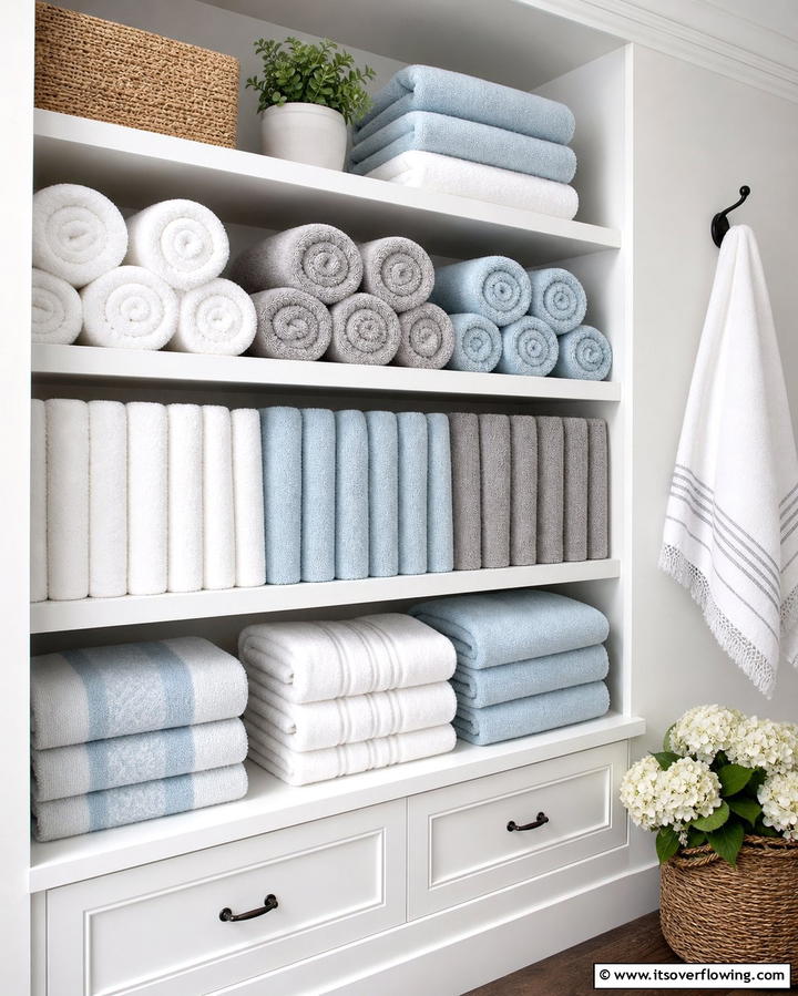 Folded Finesse for Towels - 30 Linen Closet Organization Ideas for Maximized Storage