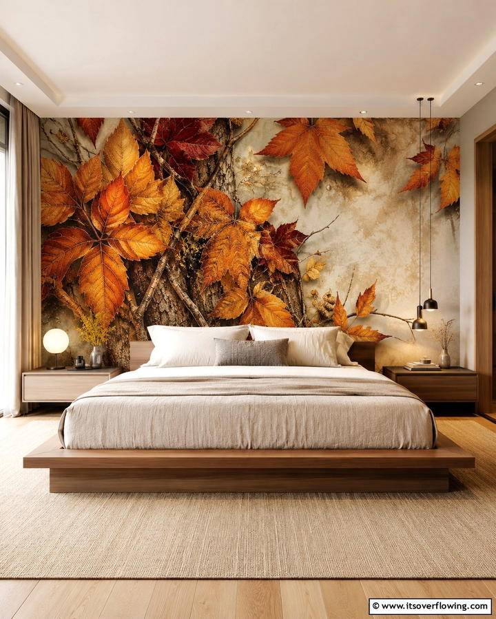 Foliage Wall Murals - 30 Cozy Fall Bedroom Decor Tips for Autumnal Warmth & Style