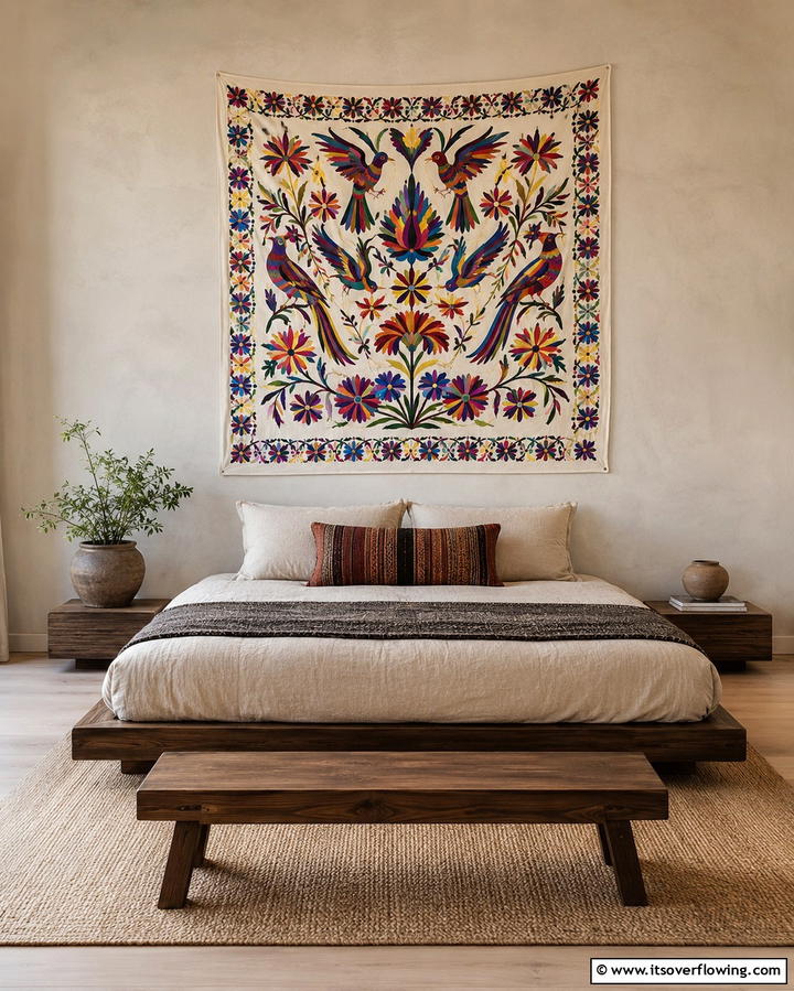 Folk Art Wall Hangings - 25 Mexican Bedroom Ideas for a Cultural Retreat
