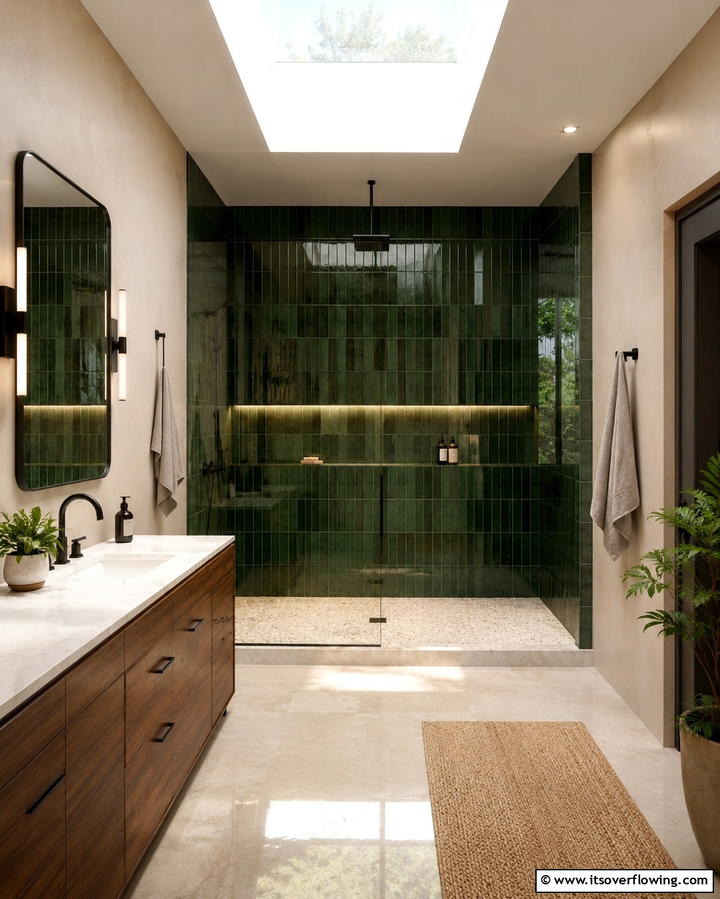 Forest Green Accent Wall - 30 Green Tile Bathroom Inspiration Ideas for Bold Spaces