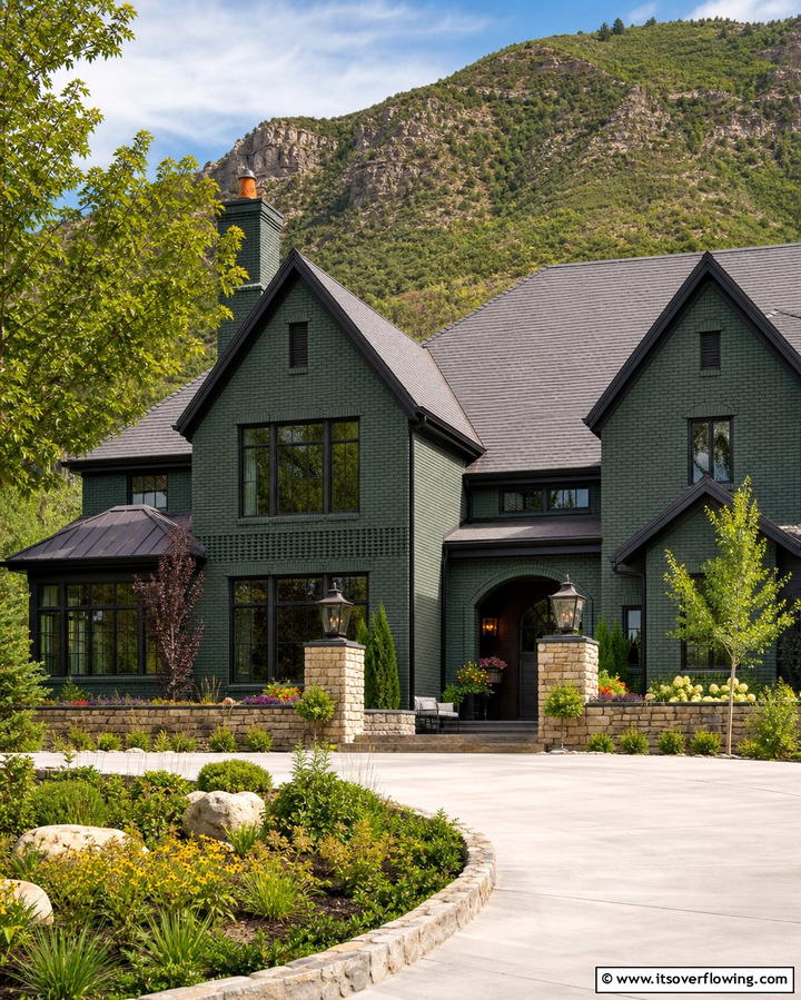 Forest Green Brick with Stone Accents - 30 Green Brick Exterior Home Design Ideas for Modern Houses