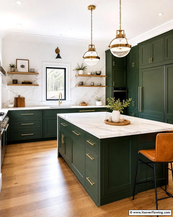 Forest Green Cabinets with Marble Countertops - 20 Forest Green Kitchen Ideas for a Bold and Vibrant Look