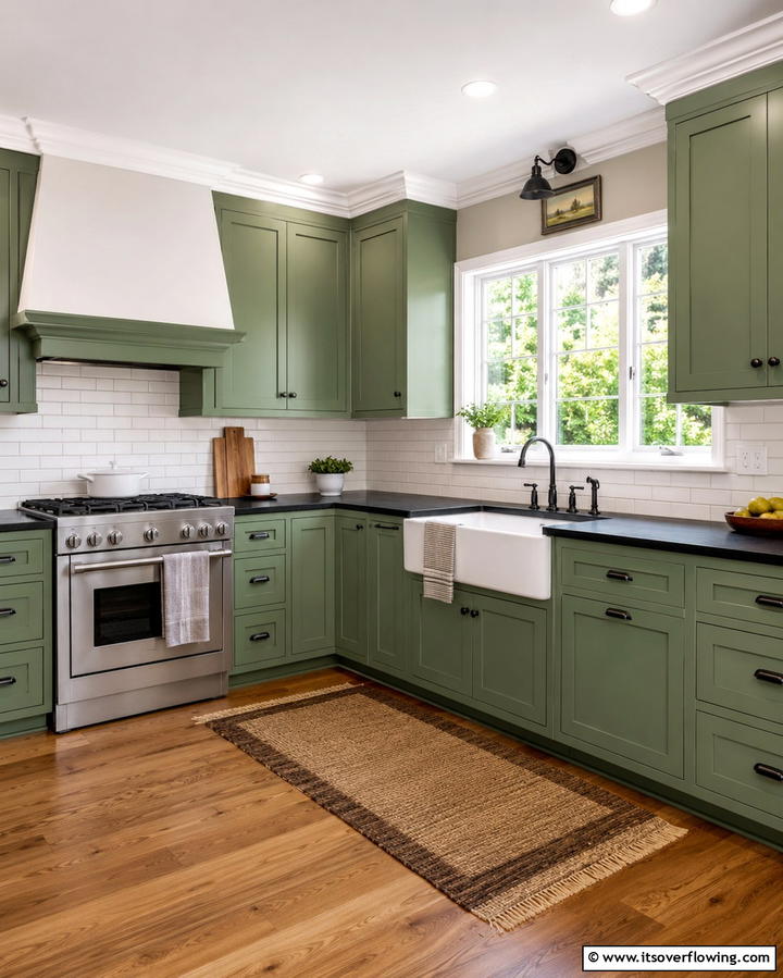 Forest Green Cabinets with Polished Black Granite - 30 Green Kitchen Cabinets & Black Countertops Pairing Ideas