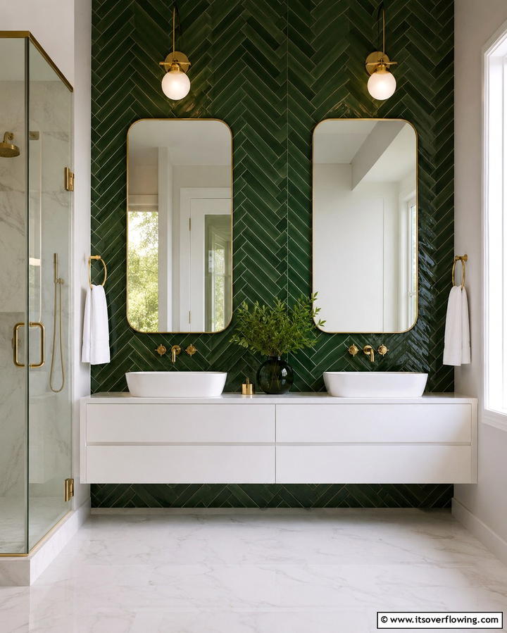 Forest Green Chevron Design - 30 Green Bathroom Tile Design Ideas for a Refreshing Oasis