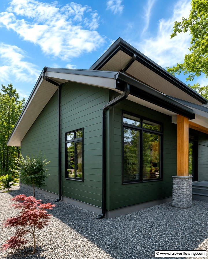 Forest Green Exterior with Black Gutters - 25 Forest Green House With Black Trim Ideas- Bold & Modern