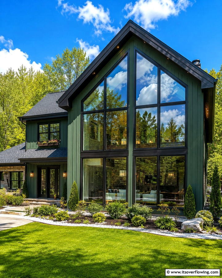 Forest Green Exterior with Black Window Frames - 25 Forest Green House With Black Trim Ideas- Bold & Modern