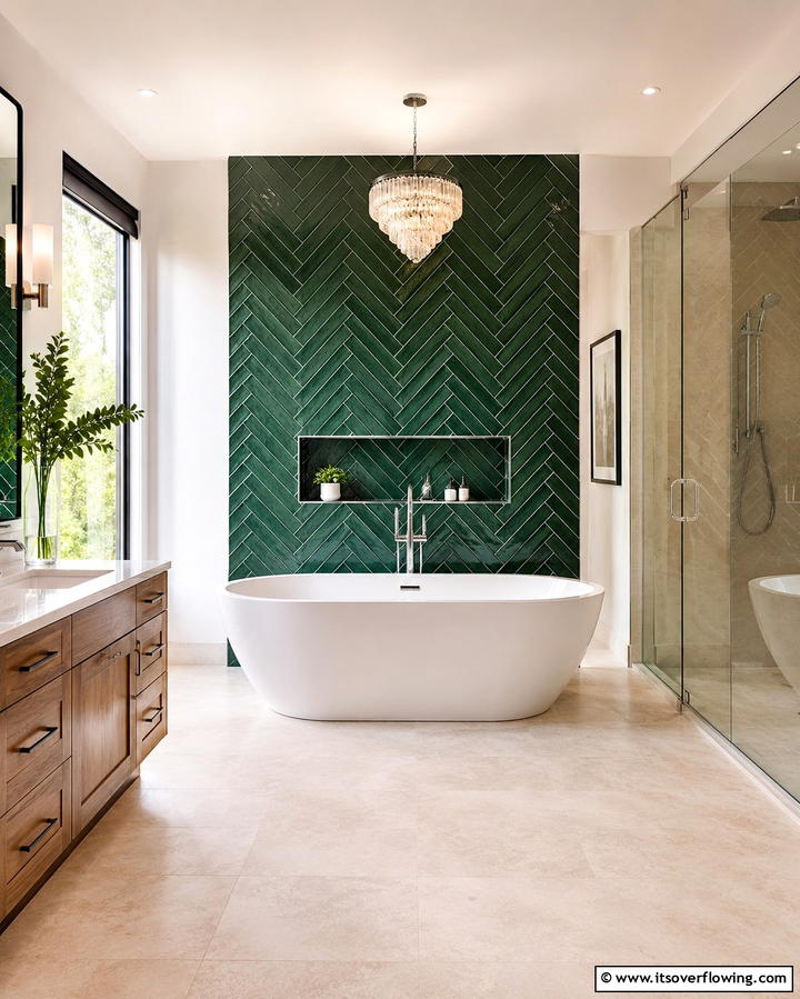 Forest Green Herringbone Tiles - 30 Green Bathroom Tile Design Ideas for a Refreshing Oasis
