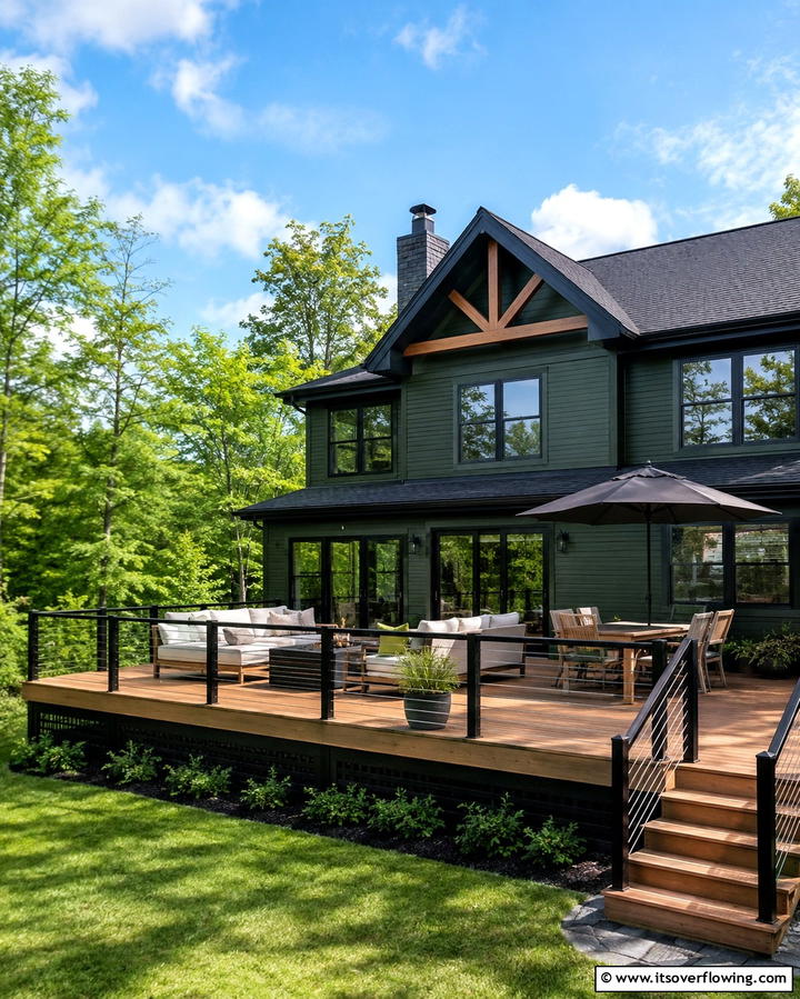 Forest Green Homes with Black Deck Railings - 25 Forest Green House With Black Trim Ideas- Bold & Modern