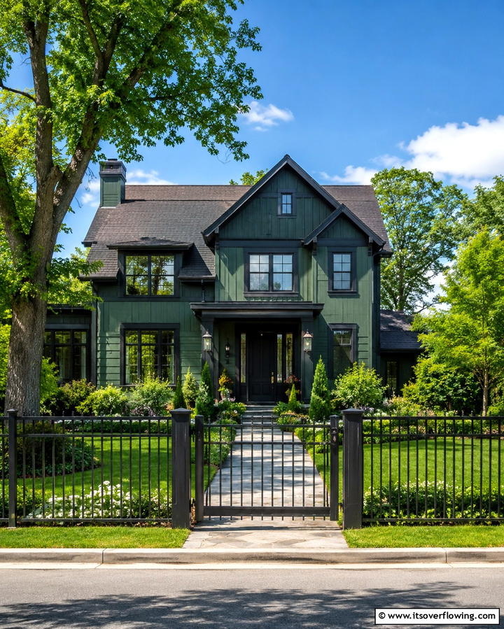Forest Green Homes with Black Fencing - 25 Forest Green House With Black Trim Ideas- Bold & Modern
