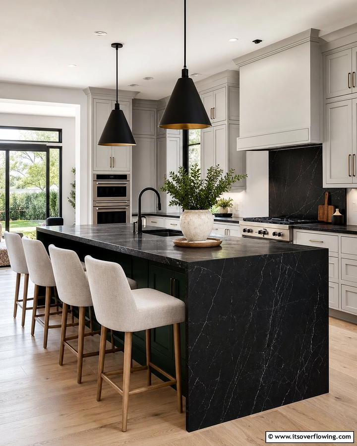 Forest Green Island with Black Countertop - 25 Black and Green Kitchen Ideas for Bold Design