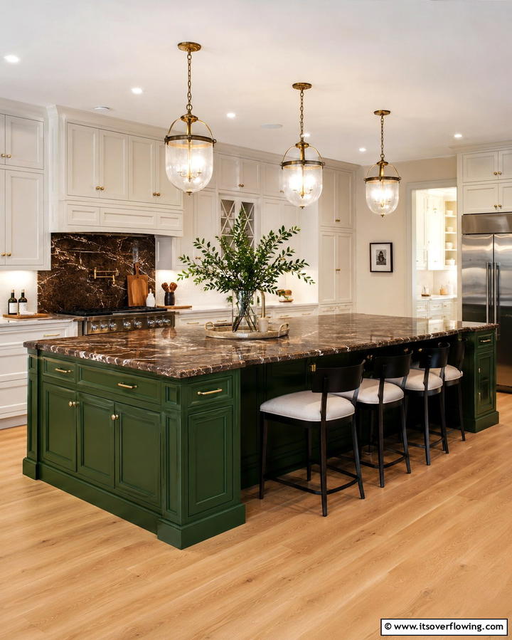 Forest Green Island with Brown Marble Countertops - 25 Warm Green and Brown Kitchen Design Ideas