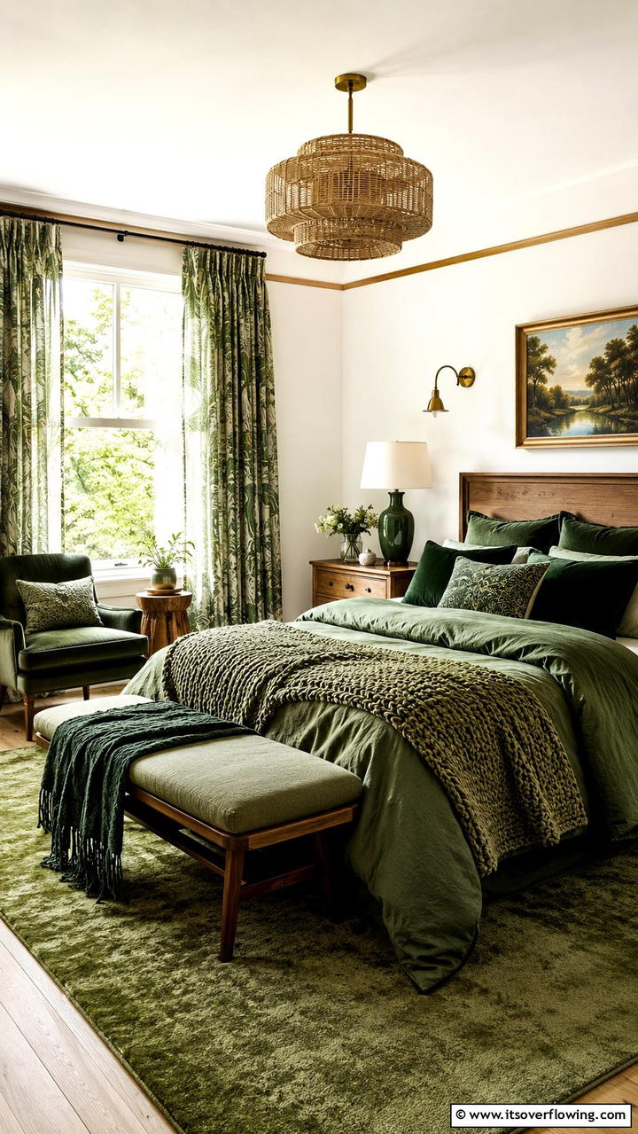Forest Green Layered Textiles - 30 Forest Green Bedroom Ideas for Serene Retreats
